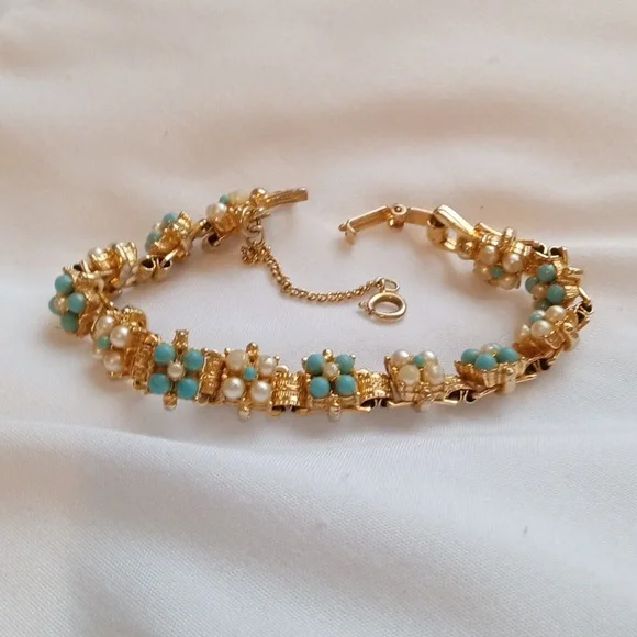 Vintage gold pearl, blue pearl, bracelet - Picture 3 of 8